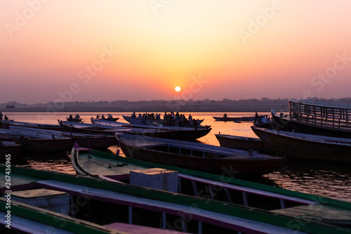 Sunrise at Ganga River with people ride a boats, Varanasi, India