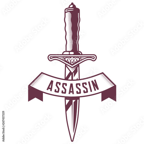 dagger emblem with ribbon on white background.