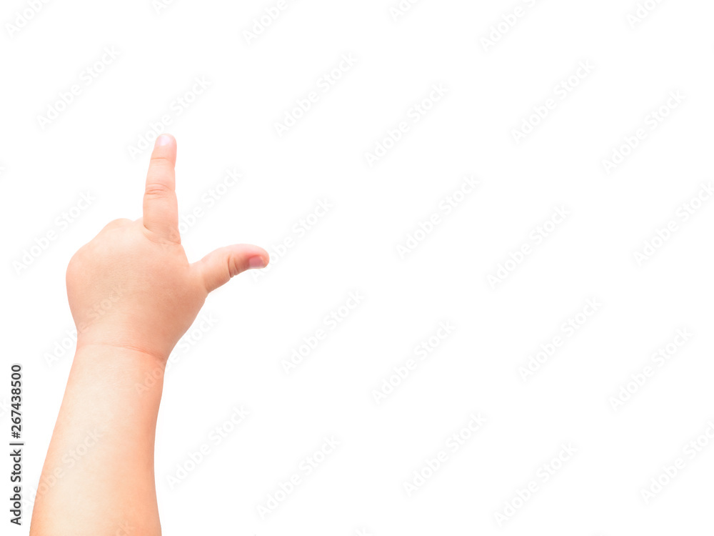Child's hand on white background. The child points at something with his index finger. Flat lay, top view, copyspace. Child's hand on white background. The child points at something with his index finger. Flat lay, top view, copyspace.