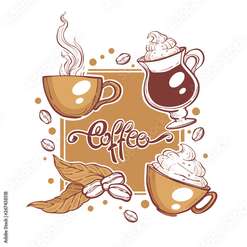 vector illustration with images of coffee cups and beans, handdrawn skethces and settering composition