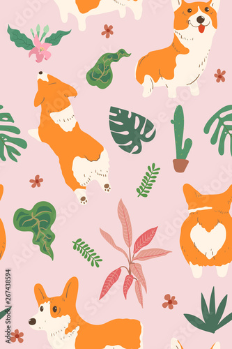 Corgi dog and tropical leaf elements  vector seamless pattern