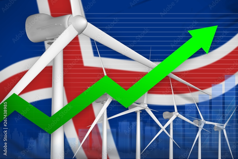 Fototapeta premium Iceland wind energy power rising chart, arrow up - modern natural energy industrial illustration. 3D Illustration