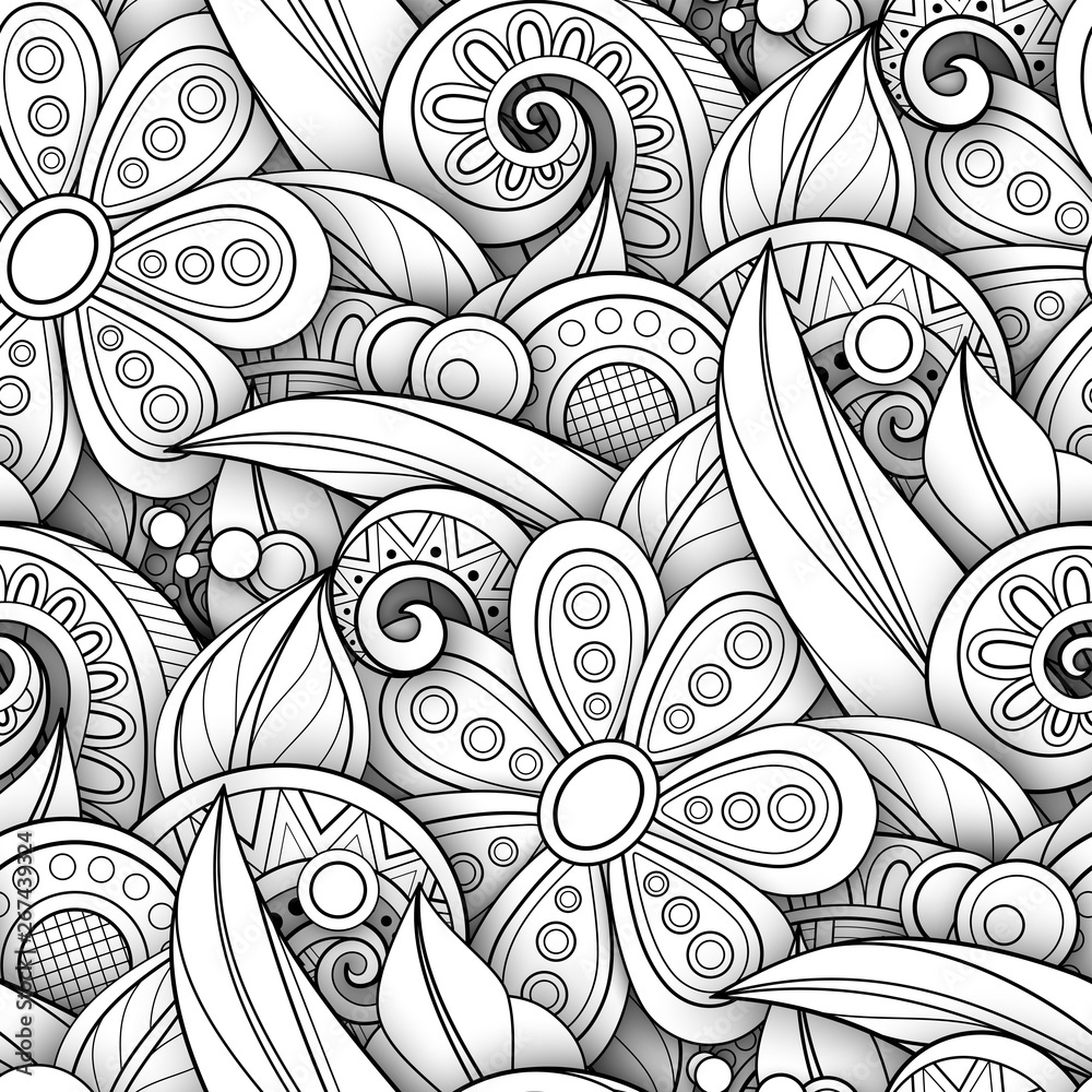 Monochrome Seamless Pattern with Floral Motifs Monochrome Seamless Pattern with Floral Motifs