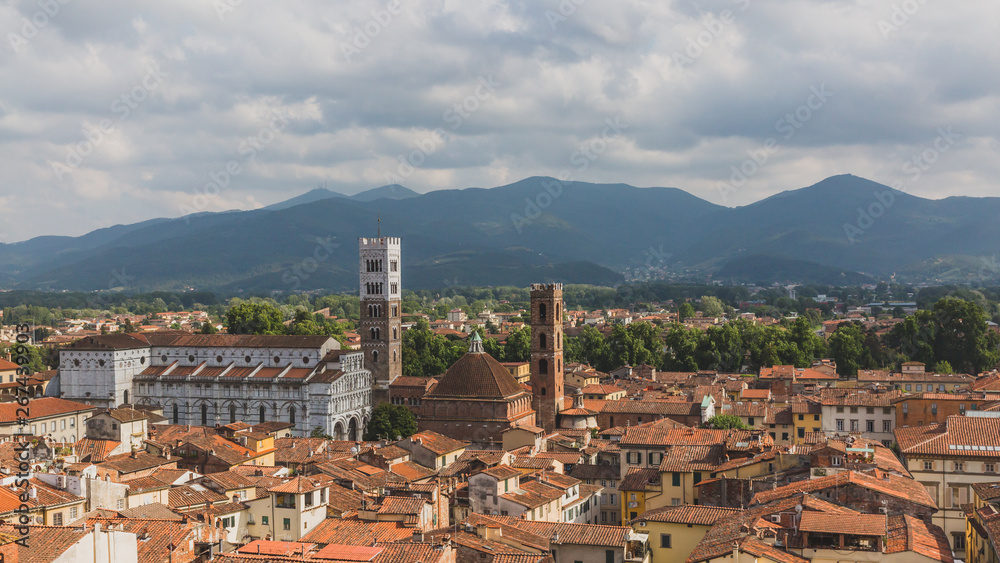 St Martin Cathedral and towers over houses, against mountain landscape, in Lucca, Tuscany, Italy