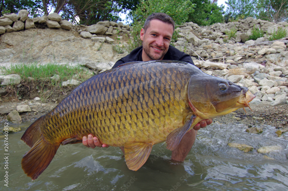 Happy fisherman holding a big common carp. Freshwater fishing