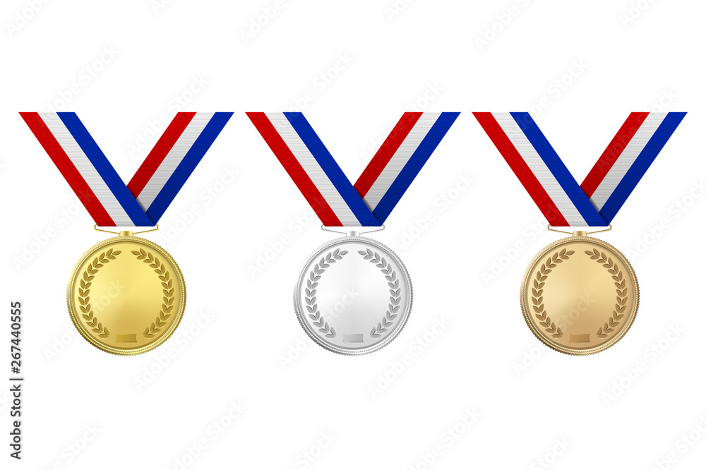 Vector 3d Realistic Gold, Silver and Bronze Award Medal Icon Set with Color Ribbons Closeup Isolated on White Background. The First, Second, Third Place, Prizes. Sport Tournament, Victory Concept
