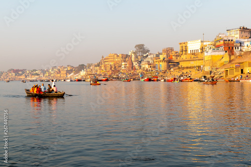 Varanasi city with ancient architecture, view of the holy ghats at Varanasi India at sunrise