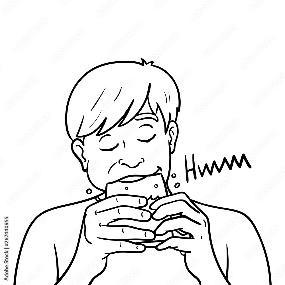 Vector drawing of a boy biting his hands into a break bread and chewing with his mouth full. black white, hands, bread, food, health, taste, lunch break. Vector drawing of a boy biting his hands into a break bread and chewing with his mouth full. black white, hands, bread, food, health, taste, lunch break.