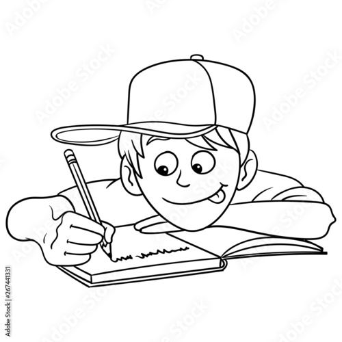 vector comic drawing of a boy with cap learning with enthusiasm and writing  in a folder with a pen. black white, isolated. Stock Vector | Adobe Stock