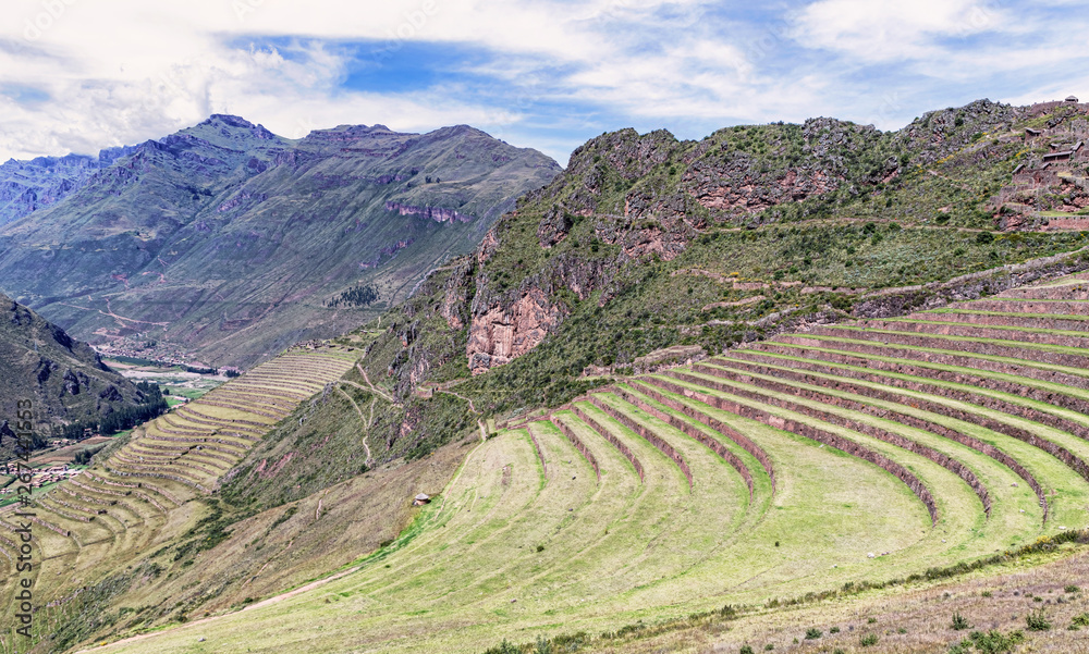 Inca plants farming terraces in Pisaq near Cusco in Peru.