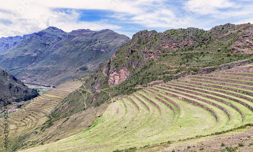 Inca plants farming terraces in Pisaq near Cusco in Peru.