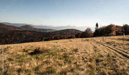 Hala na Malej Raczy with hills on the background in autumn Beskid Zywiecki mountains