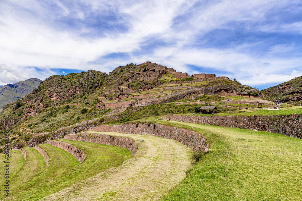 Inca plants farming terraces in Pisaq near Cusco in Peru.