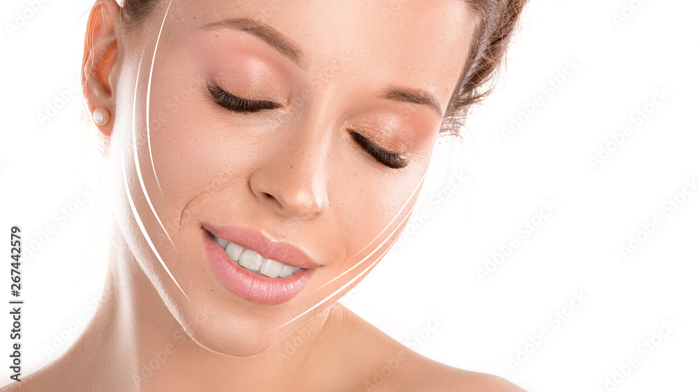 Close up photo of smiling woman with closed eyes and lines on face. Face lifting. Cosmetics procedures concept Close up photo of smiling woman with closed eyes and lines on face. Face lifting. Cosmetics procedures concept