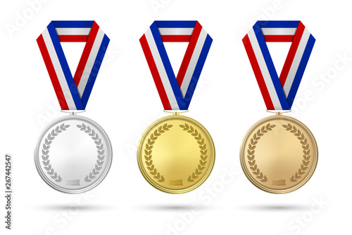 Vector 3d Realistic Gold, Silver and Bronze Award Medal Icon Set with Color Ribbons Closeup Isolated on White Background. The First, Second, Third Place, Prizes. Sport Tournament, Victory Concept