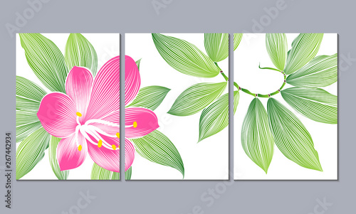 A set of three wall paintings, canvas for the living room. Poster element for interior design of a dining room, bedroom, office. Abstract floral background with clivia flowers. Home decor of the walls