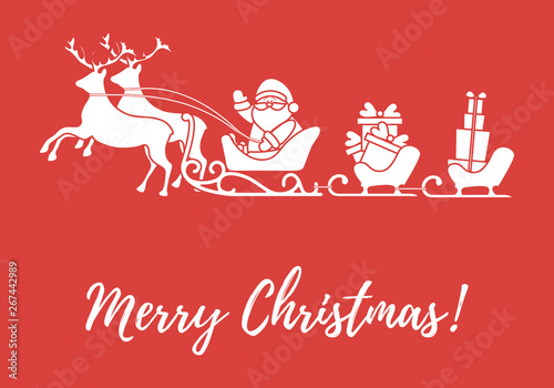 Santa Claus with Christmas presents in sleighs with reindeers. New Year and Christmas illustration.