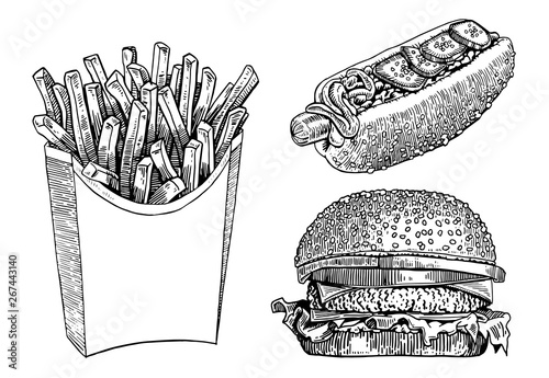 Graphical set of fast food isolated on white, vector sketch