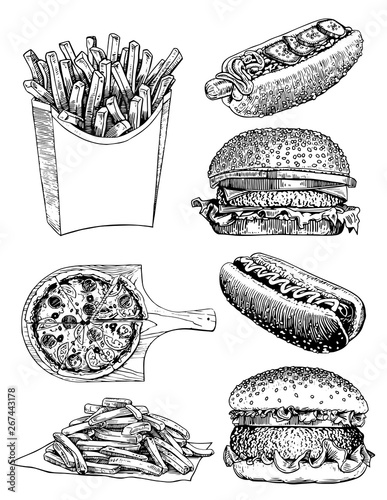 Graphical set of fast food isolated on white, vector sketch
