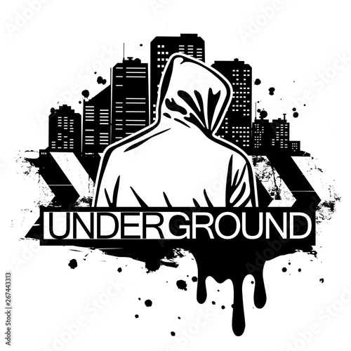 Urban style illustration of man in hoodie behind city silhouette. Street art style. T-shirt print design. 