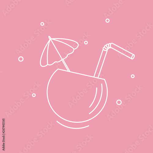 Stylized icon of the cocktail in half coconut, tube and umbrella. Travel and leisure.