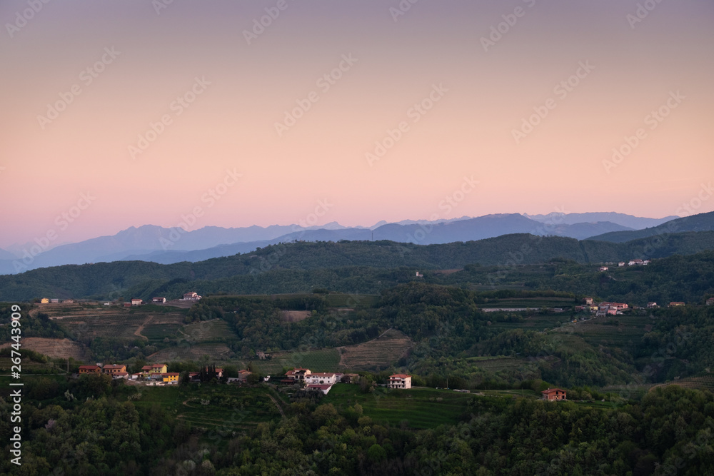 Sunrise over vineyard hills from village Vedrijan and Julian Alps