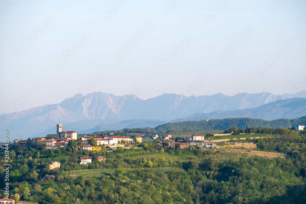 Small village Šmartno in Brda in Slovenia with Julian Alps