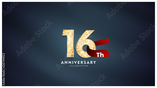 16th Anniversary celebration - Golden numbers with blue fabric background