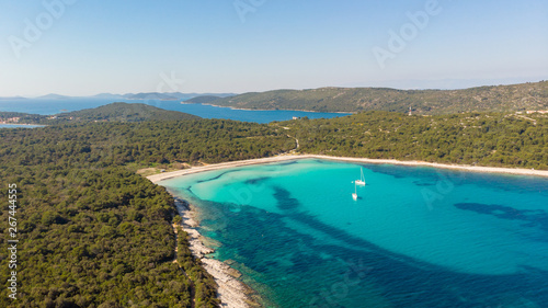 Spectacular aerial sea landscape of sandy beach and crystal clear water.