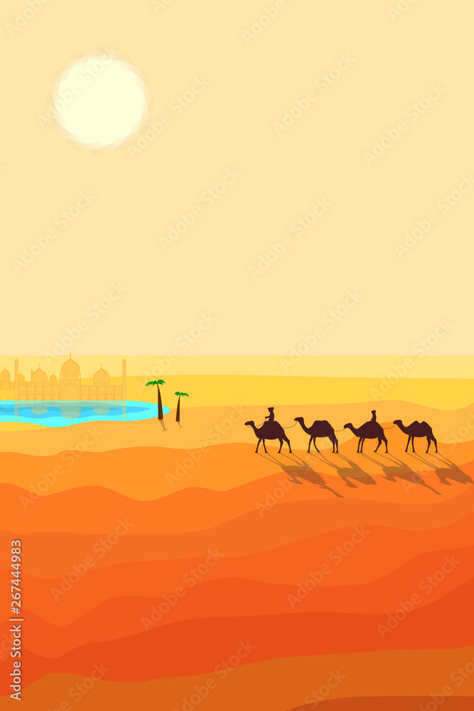 Desert Landscape with Sand Dunes. Caravan of Camels Goes to the Arabic Oasis. Silhouette Design in a Flat Style. Raster Illustration