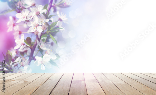 Empty wooden table  natural delicate flowers in the background  sun rays. Light delicate floral background pattern