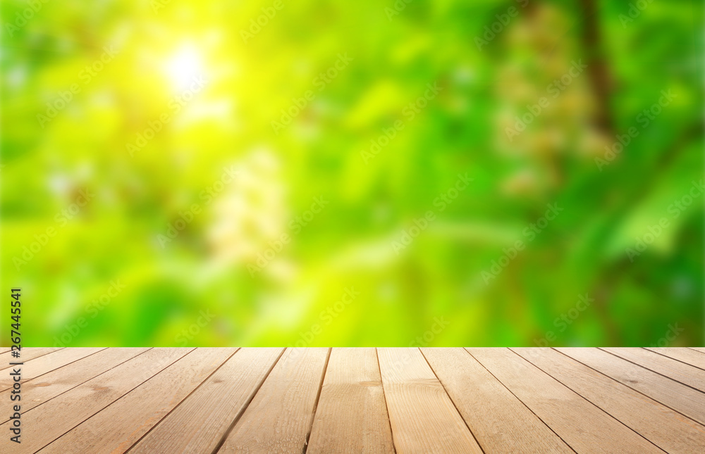 Empty wooden table, natural blurred greens on the background, the sun's rays