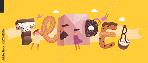 Dessert lettering - Tender - modern flat vector concept digital illustration of temptation font, sweet lettering and girls. Caramel, toffee, biscuit, waffle, cookie, cream and chocolate letters