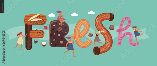 Dessert lettering - Fresh - modern flat vector concept digital illustration of temptation font, sweet lettering and girls. Caramel, toffee, biscuit, waffle, cookie, cream and chocolate letters
