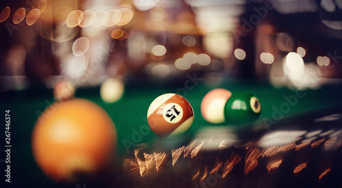 Colorful billiard balls on a billiard table.