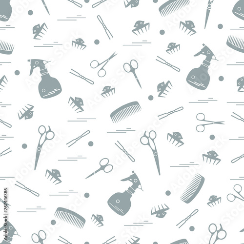 Cute pattern of scissors, combs, hairclip, hairpins and sprayer. For the provision of hairdressing services.