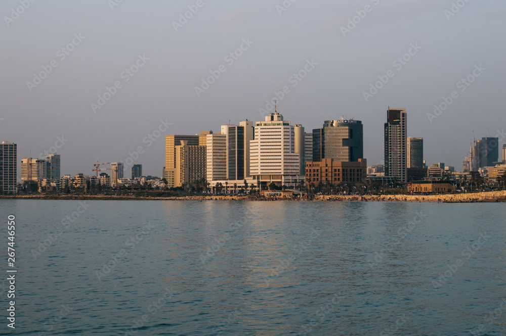 View in the evening of the modern Tel Aviv, Israel and the sea