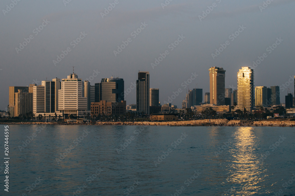 View in the evening of the modern Tel Aviv, Israel and the sea