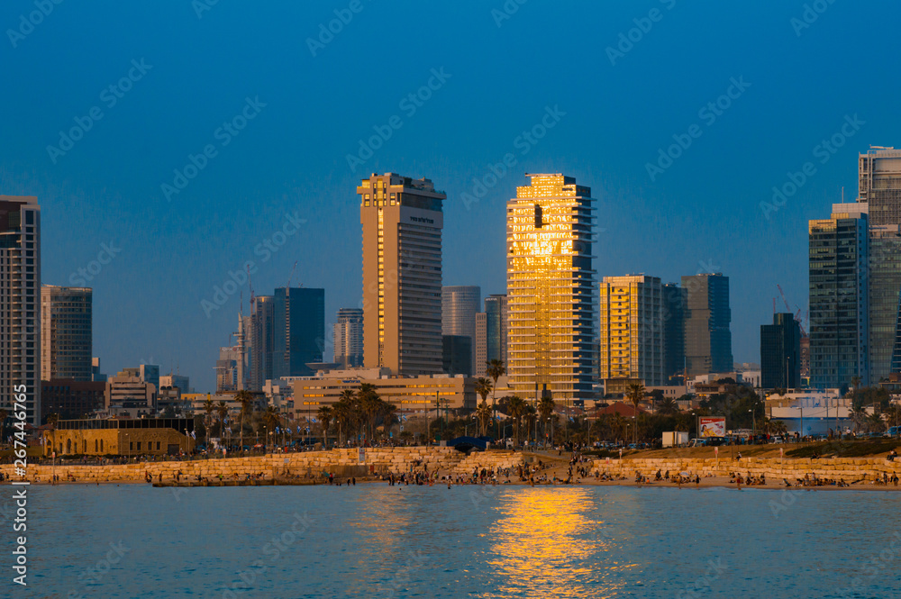 View in the evening of the modern Tel Aviv, Israel and the sea