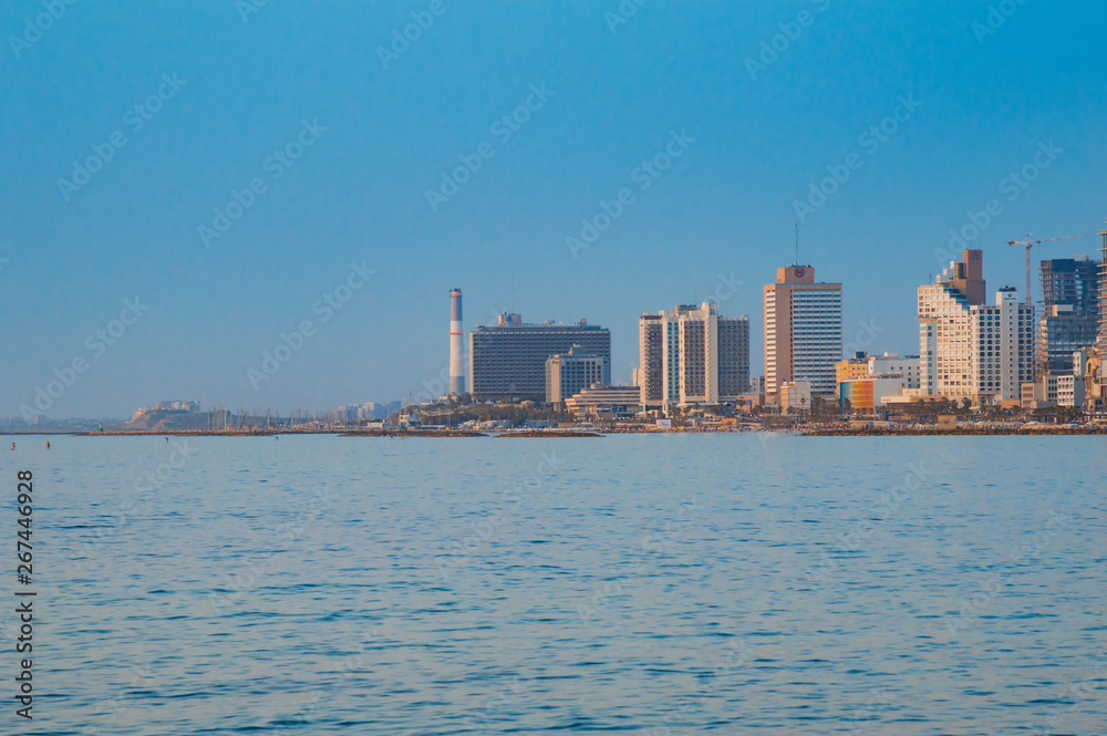 Fototapeta premium View in the evening of the modern Tel Aviv, Israel and the sea