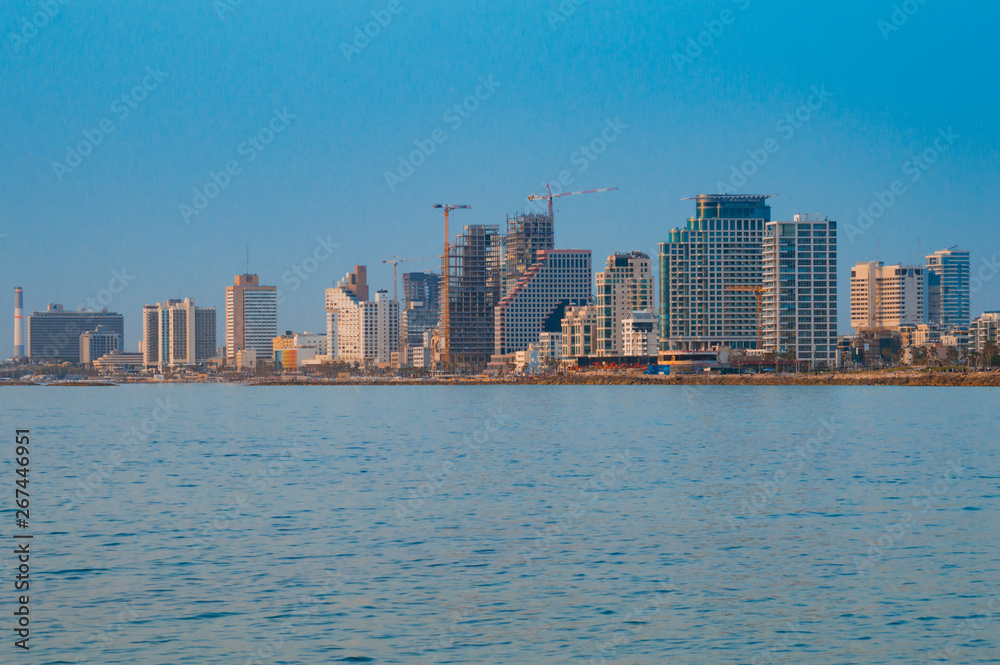 View in the evening of the modern Tel Aviv, Israel and the sea