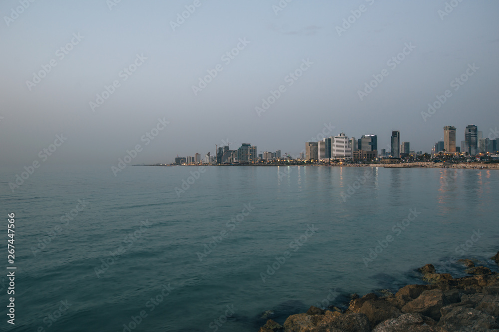 View in the evening of the modern Tel Aviv, Israel and the sea