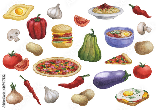 Watercolor food illustration element. Watercolor background Food, cafe, menu, restaurant.