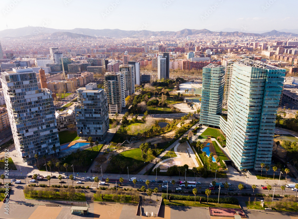 Fototapeta premium Aerial view of Diagonal Mar i el Front Maritim del Poblenou, Barcelona