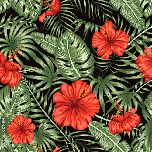 Vector seamless pattern of green tropical leaves with red hibiscus flowers on black background. Summer or spring repeat tropical backdrop. Exotic jungle ornament