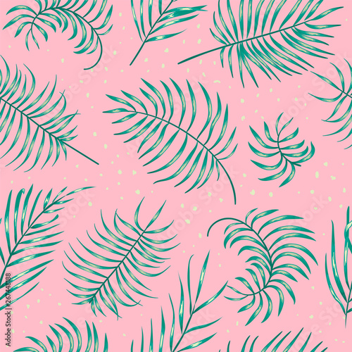 Vector seamless pattern of green realistic palm tree leaves on pink background. Repeat tropical backdrop. Exotic jungle wallpaper. Cute summer or spring illustration