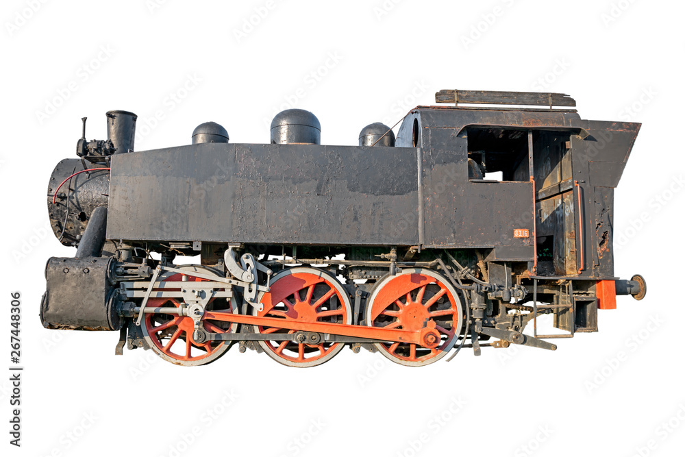 Naklejka premium Old steam locomotive, vintage train isolated on white