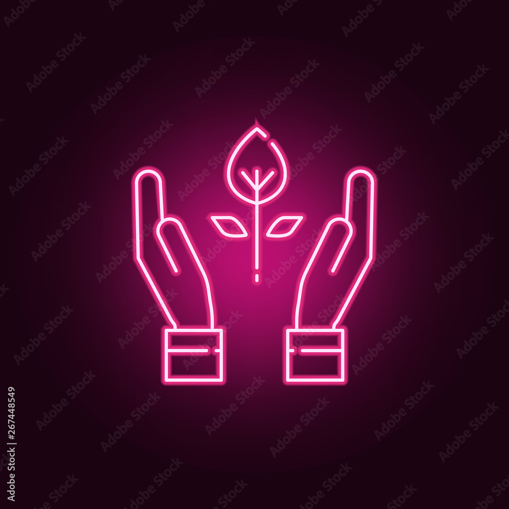 Leaf in hand neon icon. Elements of ecology set. Simple icon for websites, web design, mobile app, info graphics Leaf in hand neon icon. Elements of ecology set. Simple icon for websites, web design, mobile app, info graphics