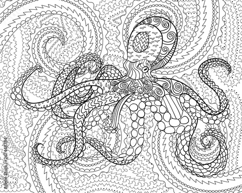 Octopus with high details. Adult antistress coloring page. Black white hand drawn doodle oceanic animal for art therapy. Sketch for tattoo, poster, print, t-shirt in zendoodle style. Vector.