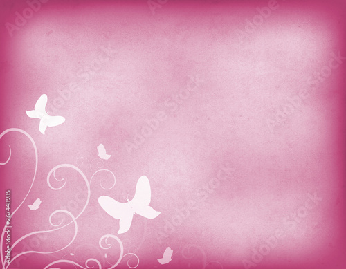 Vintage pink old paper in watercolor style, horizontal. White floral ornament with flying butterfly. Empty colored background, space for the text. photo